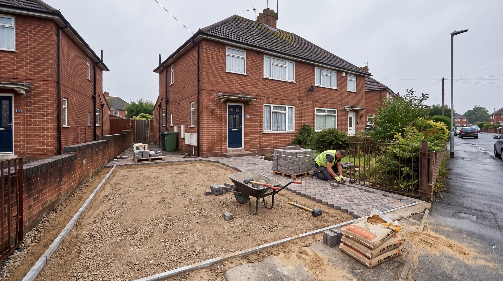 The driveway being laid — groundwork and block paving