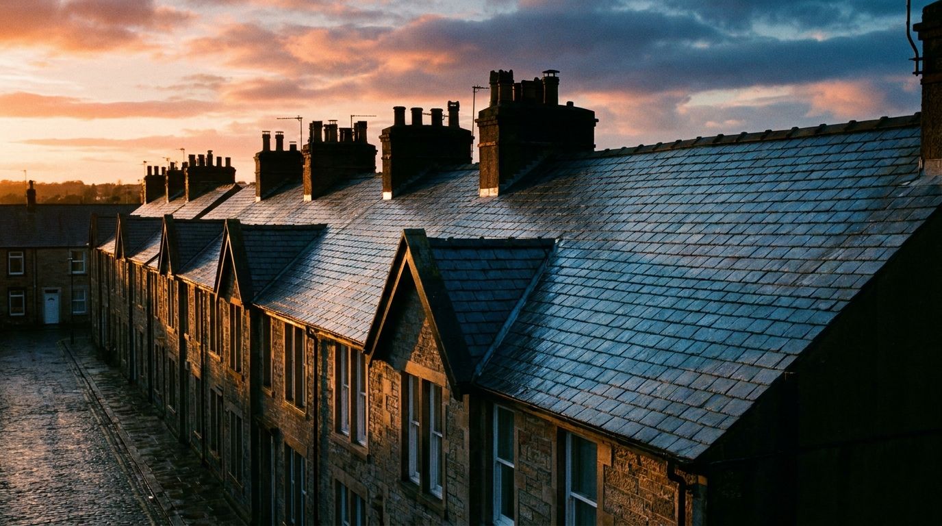 Sunset over re-slated terrace rooflines