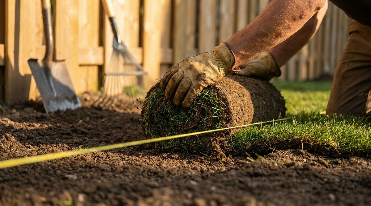 Fresh turf being laid by hand