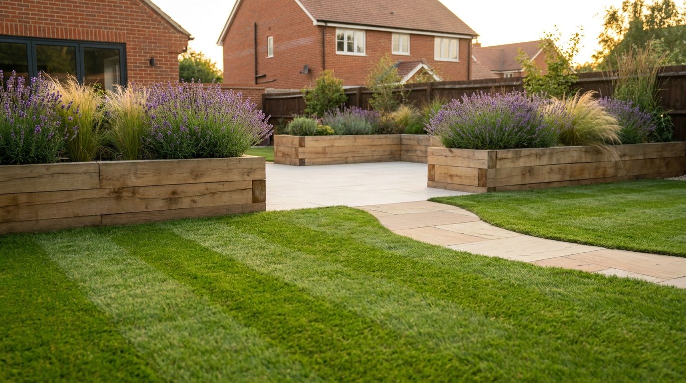 Striped lawn with curved sandstone path