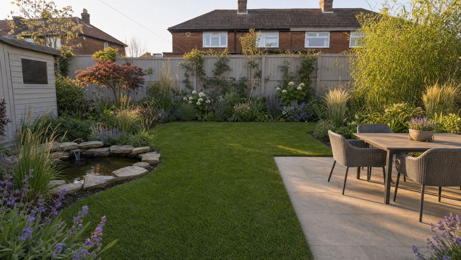 Wildlife pond garden at golden hour